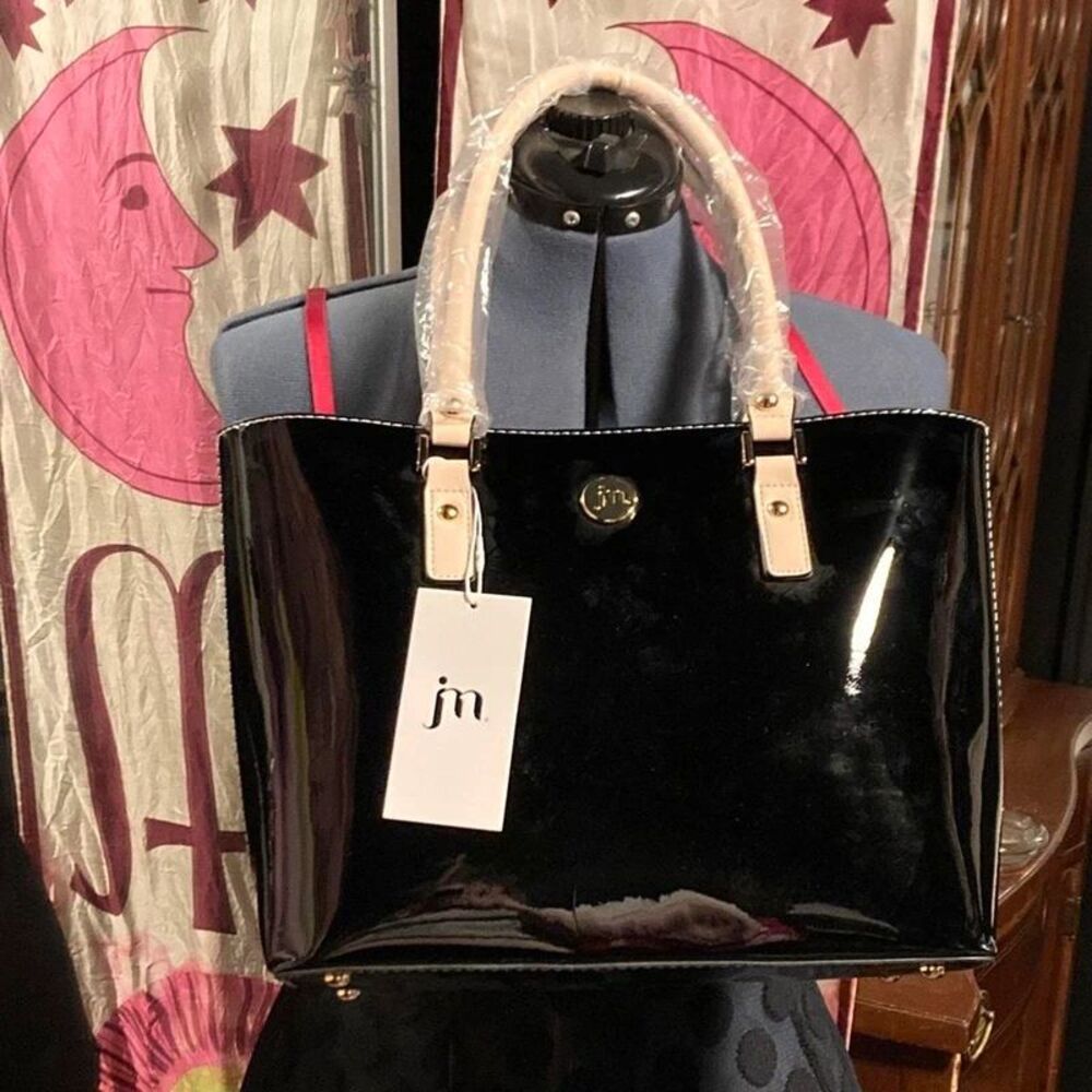 J.McLaughlin black patent leather tote bag with gold hardware NWT